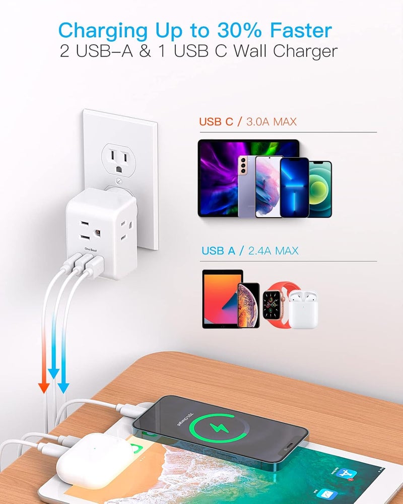 One Beat Multi Plug Outlet Extender, Power Strip Non Surge Protector Electric Outlet Splitter with 3 USB Wall Charger (1 USB C), Multiple Outlet Expander for Cruise, Dorm, Travel, Home, Office - Image 3
